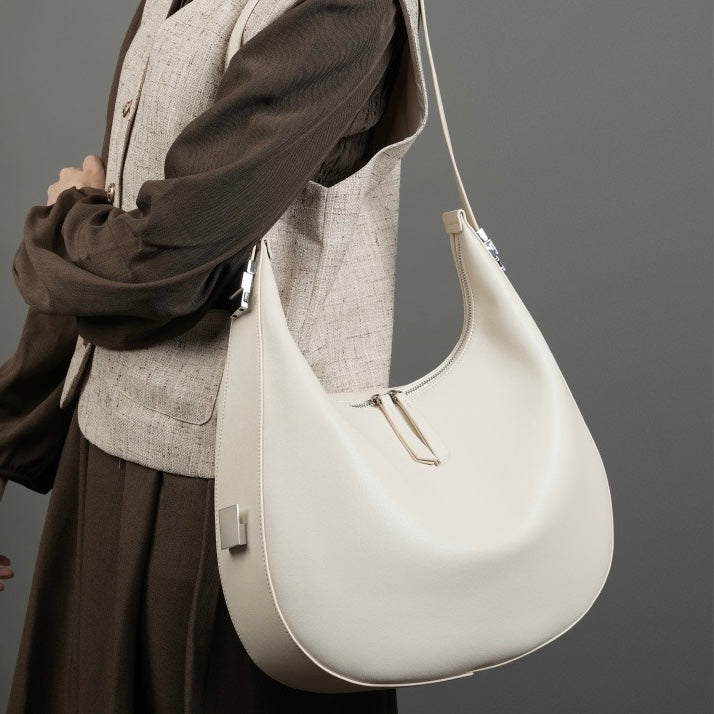 Minimalist Design Genuine Leather Crescent Underarm Shoulder Handbag