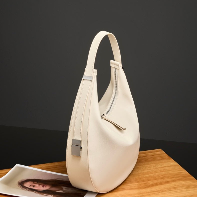 Minimalist Design Genuine Leather Crescent Underarm Shoulder Handbag