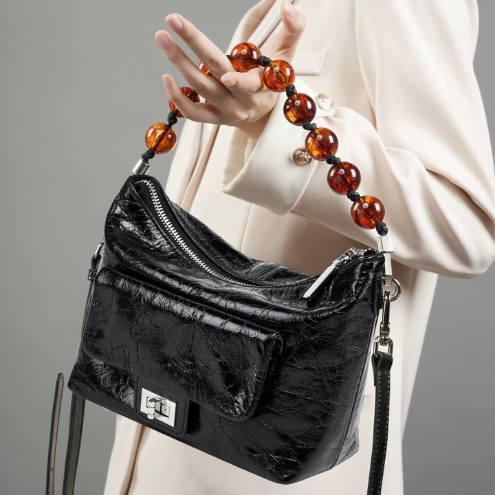 Women's Retro Waxed Genuine Leather Pleated Beaded Chain Crossbody Bag