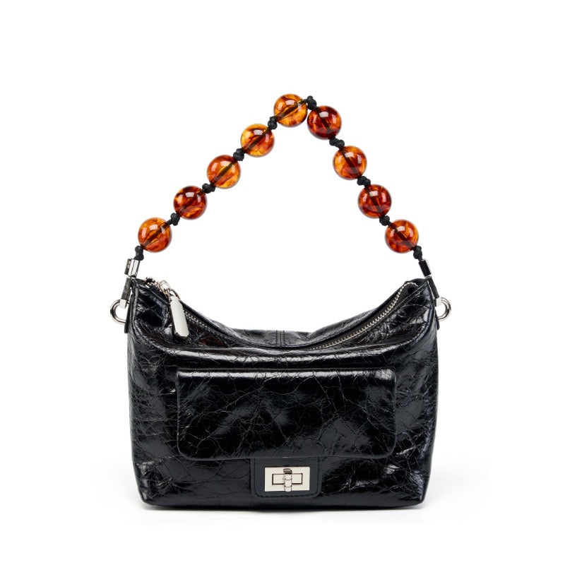 Women's Retro Waxed Genuine Leather Pleated Beaded Chain Crossbody Bag
