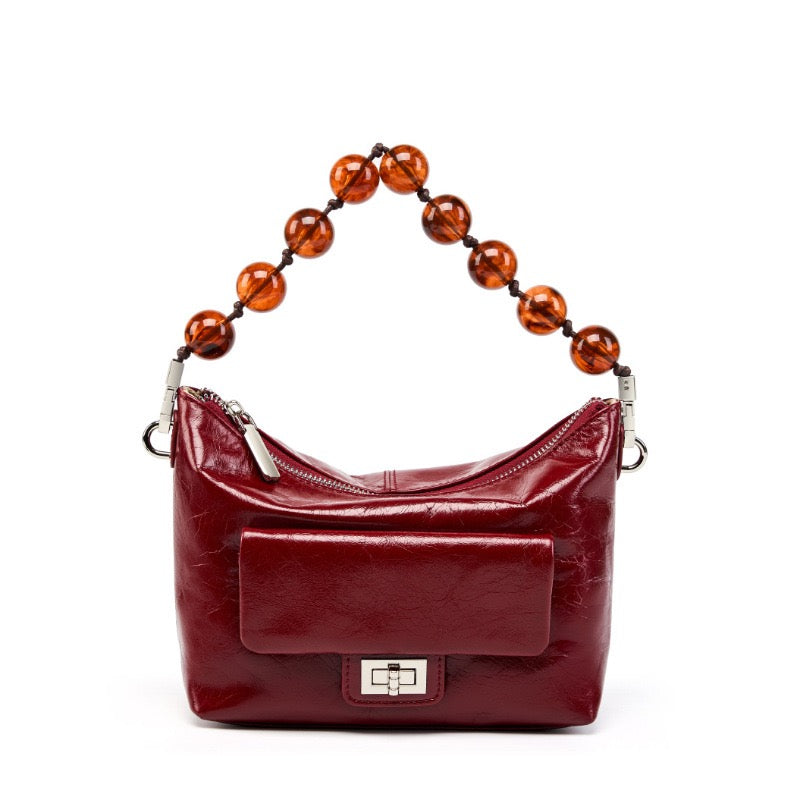 Women's Retro Waxed Genuine Leather Pleated Beaded Chain Crossbody Bag