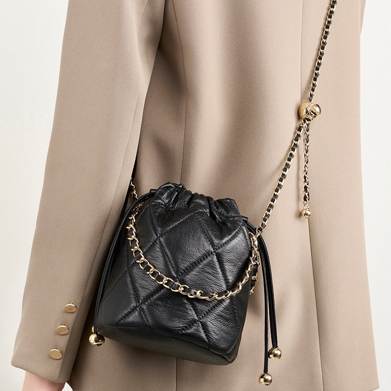 Women’s Genuine Leather Chic Bucket Bag with Chain Strap