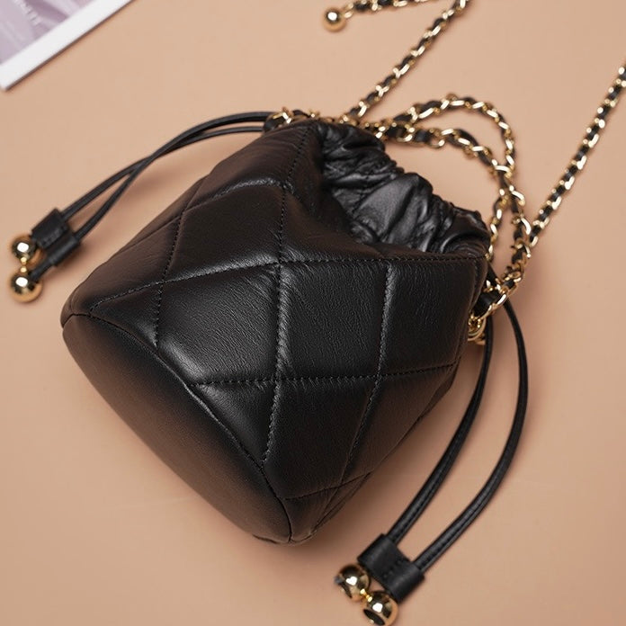 Women’s Genuine Leather Chic Bucket Bag with Chain Strap