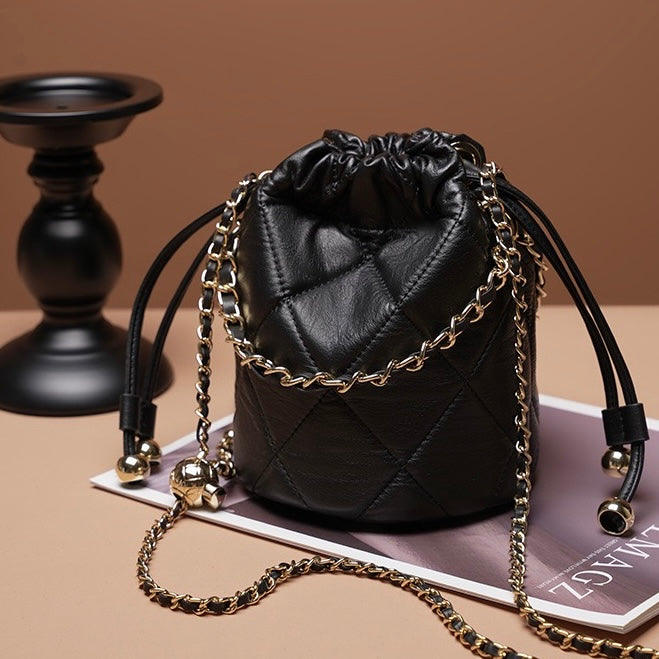 Women’s Genuine Leather Chic Bucket Bag with Chain Strap