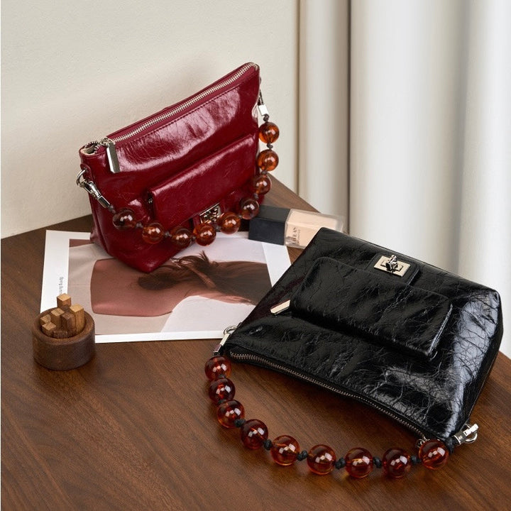 Women's Retro Waxed Genuine Leather Pleated Beaded Chain Crossbody Bag