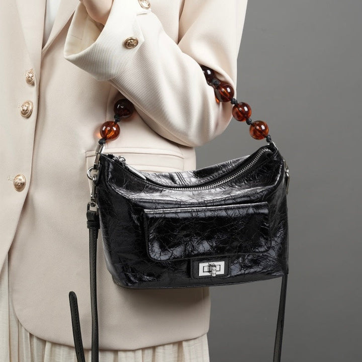 Women's Retro Waxed Genuine Leather Pleated Beaded Chain Crossbody Bag