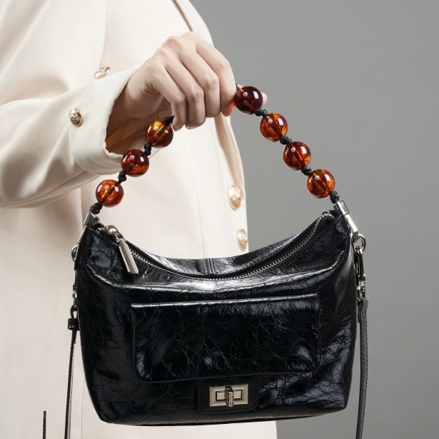 Women's Retro Waxed Genuine Leather Pleated Beaded Chain Crossbody Bag