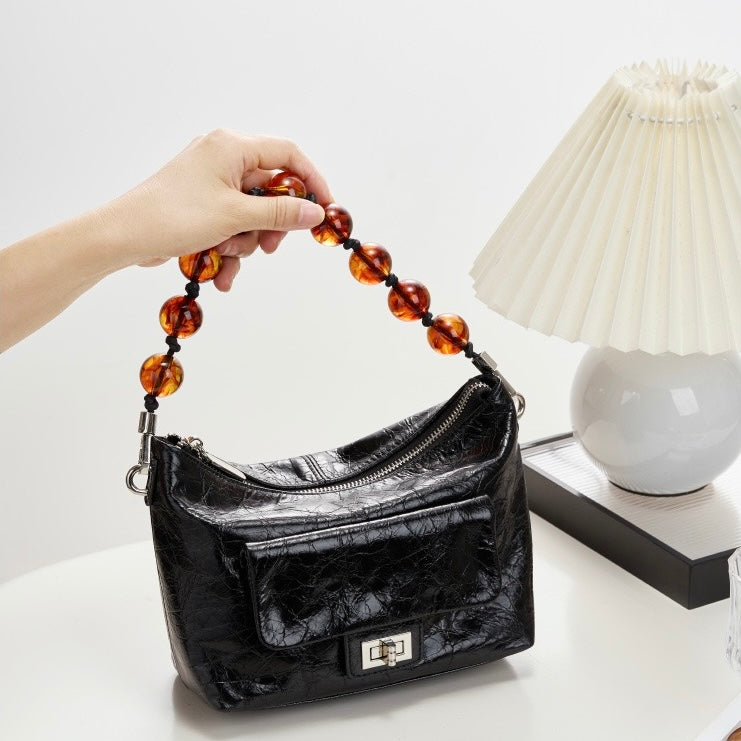 Women's Retro Waxed Genuine Leather Pleated Beaded Chain Crossbody Bag