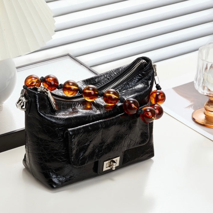 Women's Retro Waxed Genuine Leather Pleated Beaded Chain Crossbody Bag