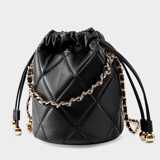Women’s Genuine Leather Chic Bucket Bag with Chain Strap