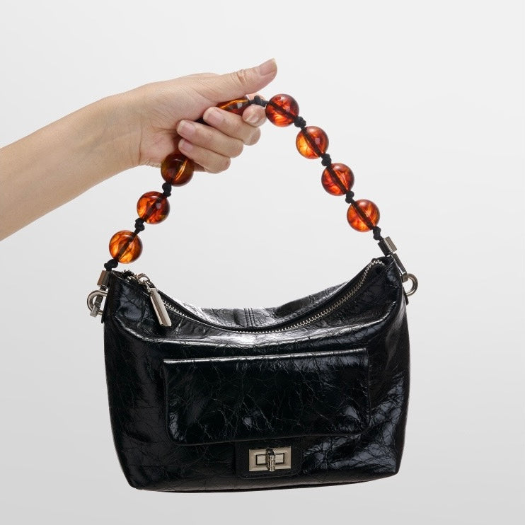 Women's Retro Waxed Genuine Leather Pleated Beaded Chain Crossbody Bag
