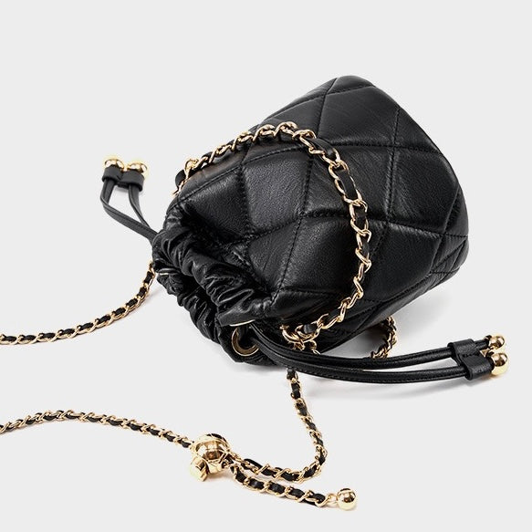 Women’s Genuine Leather Chic Bucket Bag with Chain Strap