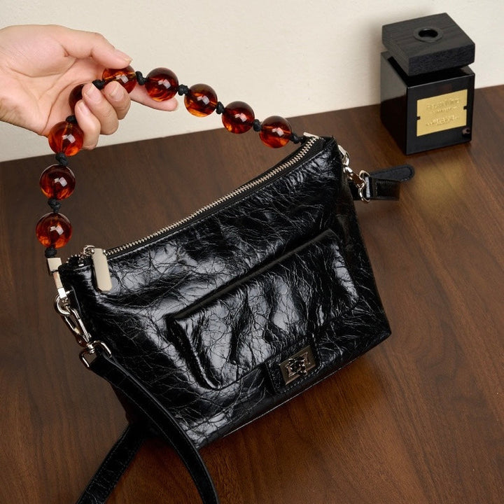 Women's Retro Waxed Genuine Leather Pleated Beaded Chain Crossbody Bag