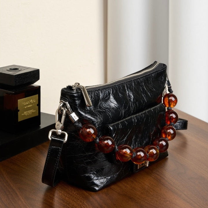 Women's Retro Waxed Genuine Leather Pleated Beaded Chain Crossbody Bag