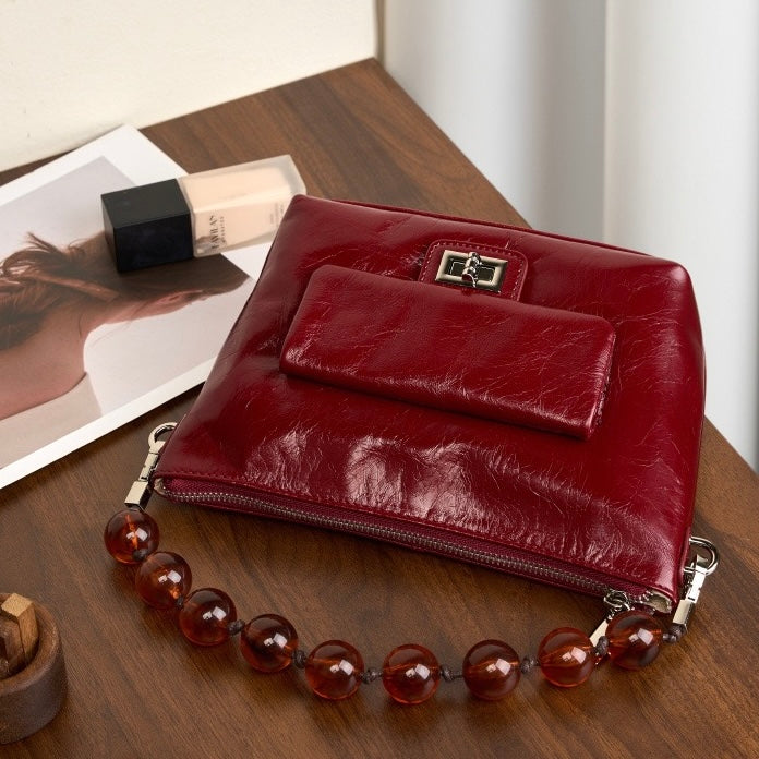 Women's Retro Waxed Genuine Leather Pleated Beaded Chain Crossbody Bag