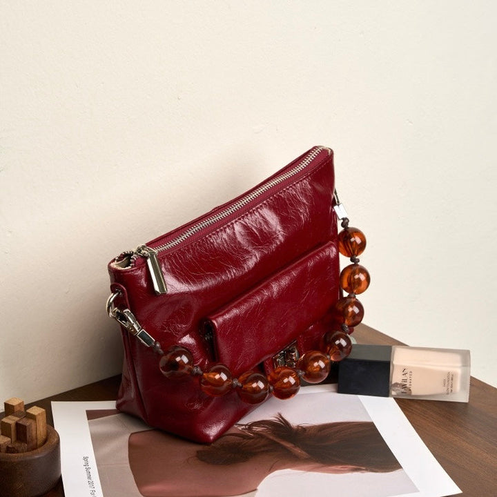 Women's Retro Waxed Genuine Leather Pleated Beaded Chain Crossbody Bag