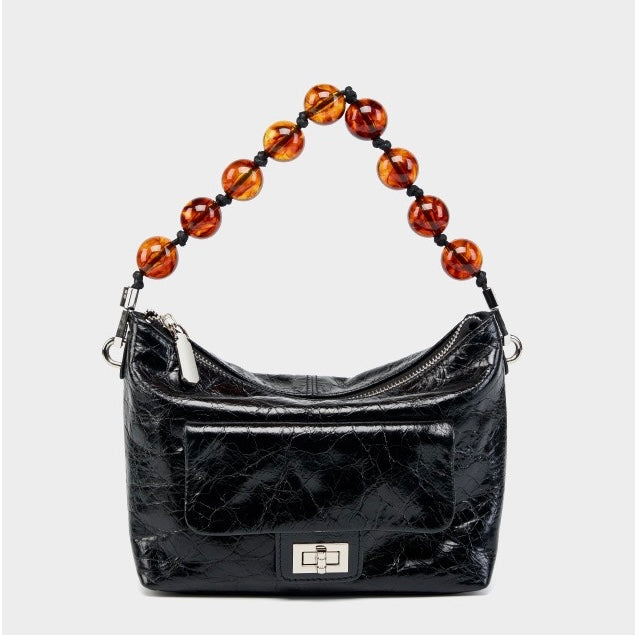 Women's Retro Waxed Genuine Leather Pleated Beaded Chain Crossbody Bag