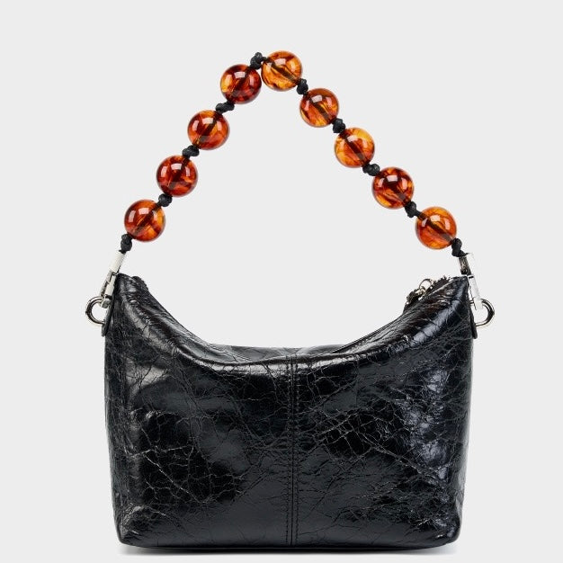 Women's Retro Waxed Genuine Leather Pleated Beaded Chain Crossbody Bag