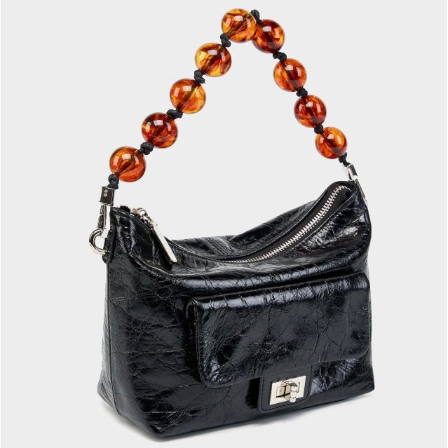 Women's Retro Waxed Genuine Leather Pleated Beaded Chain Crossbody Bag