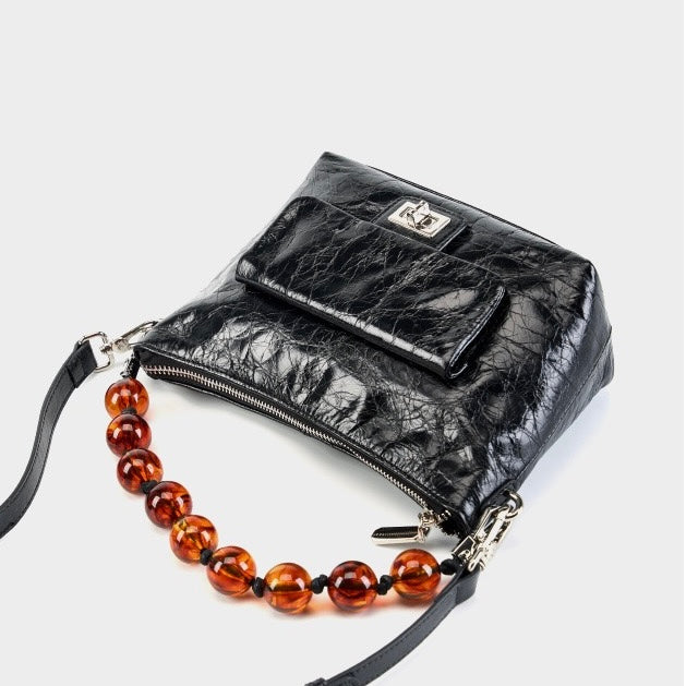 Women's Retro Waxed Genuine Leather Pleated Beaded Chain Crossbody Bag