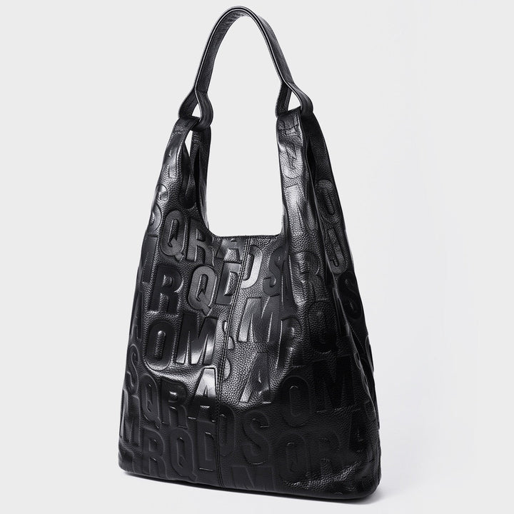 Black Genuine Leather Embossed Lettering Hobo Bag