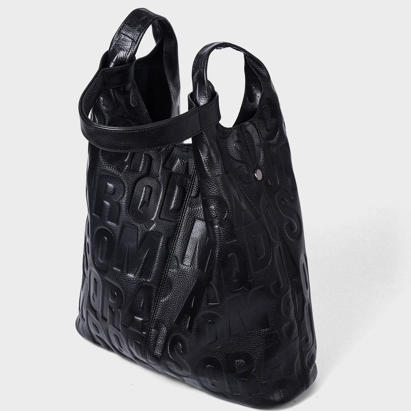 Black Genuine Leather Embossed Lettering Hobo Bag
