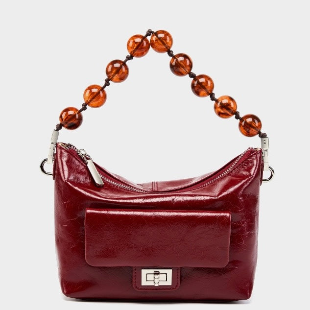 Women's Retro Waxed Genuine Leather Pleated Beaded Chain Crossbody Bag