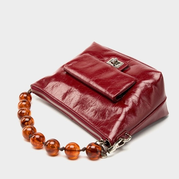 Women's Retro Waxed Genuine Leather Pleated Beaded Chain Crossbody Bag