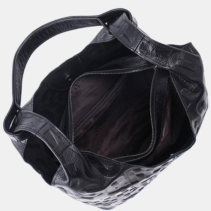 Black Genuine Leather Embossed Lettering Hobo Bag