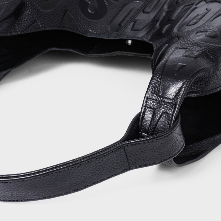 Black Genuine Leather Embossed Lettering Hobo Bag