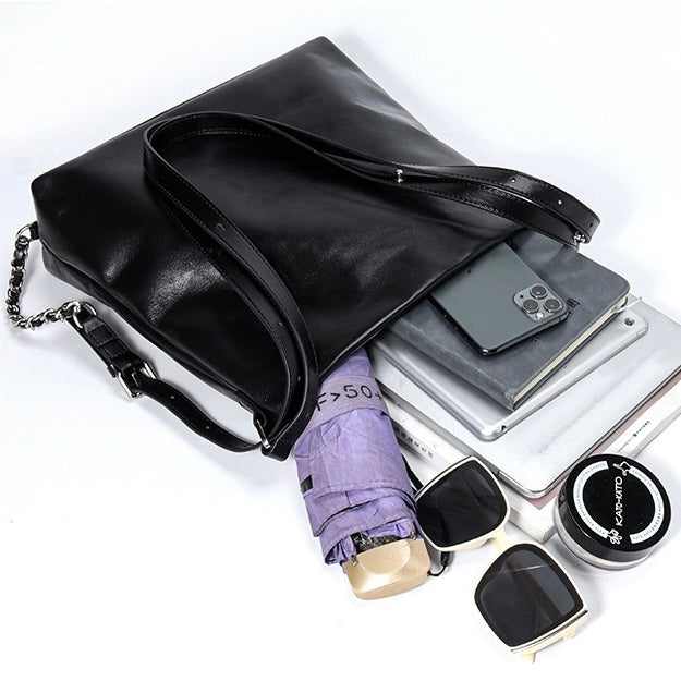 Versatile Carry Sleek Leather Chain-Strap Bucket Bag