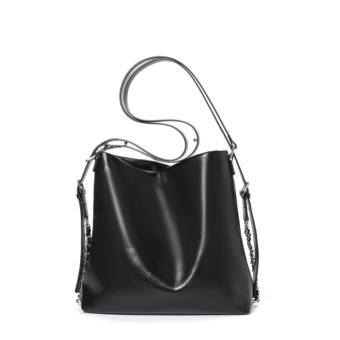 Versatile Carry Sleek Leather Chain-Strap Bucket Bag