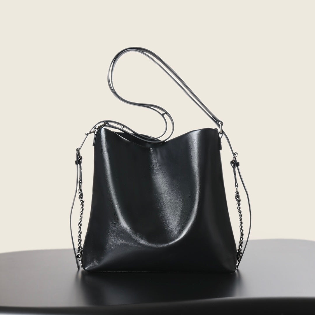 Versatile Carry Sleek Leather Chain-Strap Bucket Bag