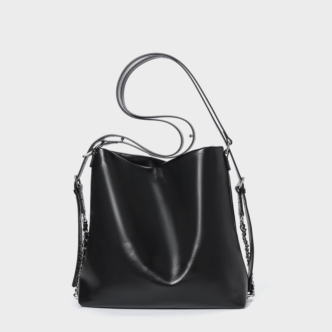 Versatile Carry Sleek Leather Chain-Strap Bucket Bag