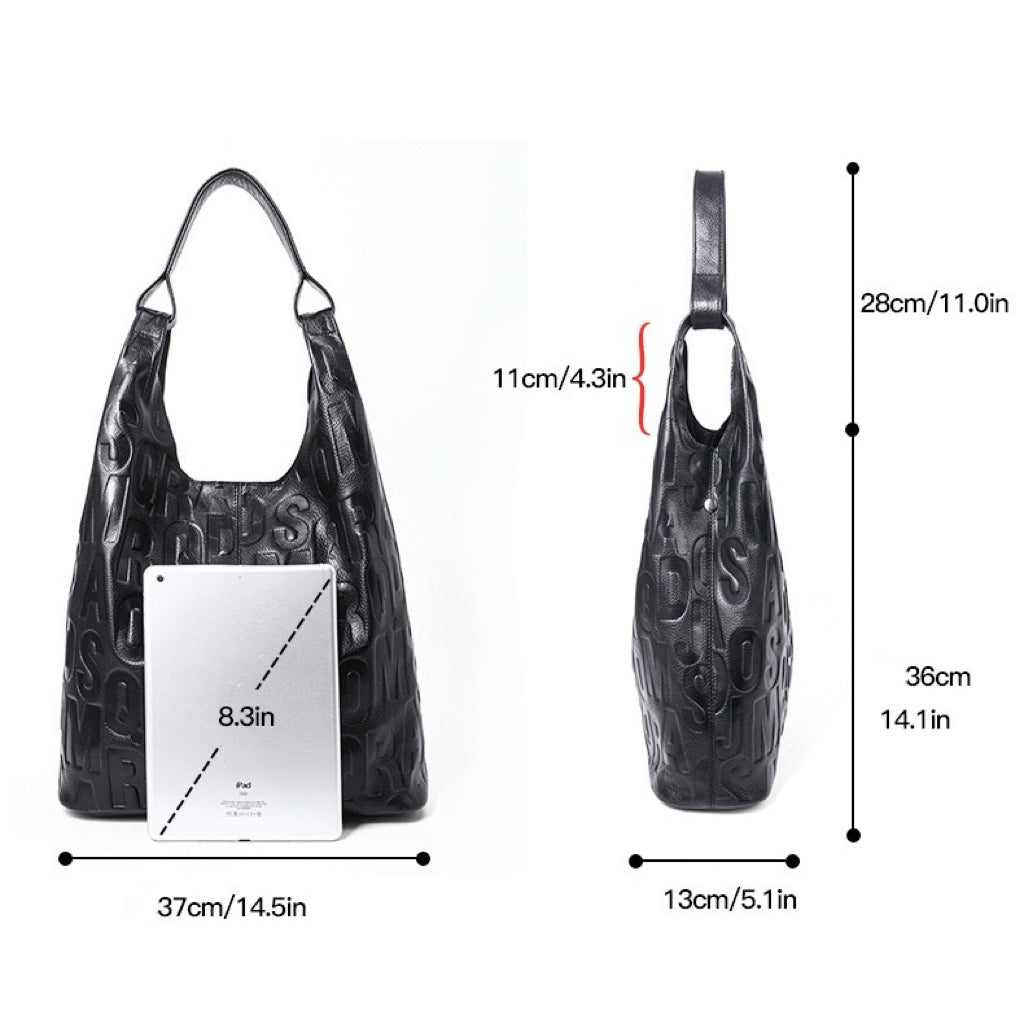 Black Genuine Leather Embossed Lettering Hobo Bag