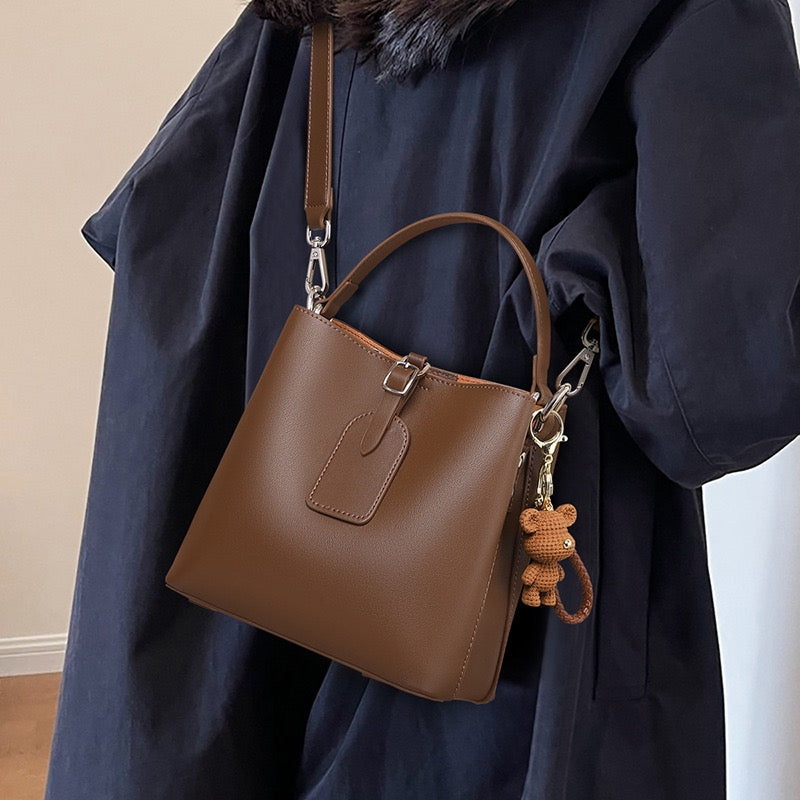 Coffee Genuine Leather Bucket Bag with Bear Charm