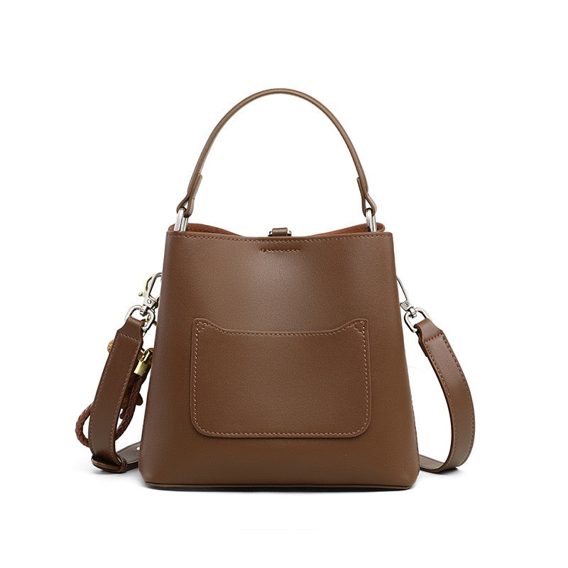 Coffee Genuine Leather Bucket Bag with Bear Charm