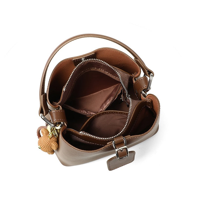 Coffee Genuine Leather Bucket Bag with Bear Charm