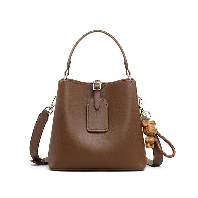 Coffee Genuine Leather Bucket Bag with Bear Charm