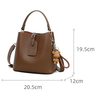 Coffee Genuine Leather Bucket Bag with Bear Charm