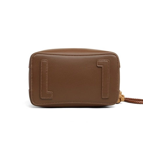 Coffee Genuine Leather Bucket Bag with Bear Charm