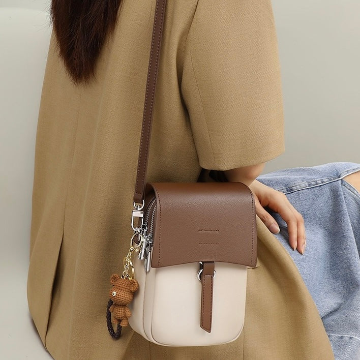 Color-Block Genuine Leather Mini Crossbody Phone Bag with Bear Charm
