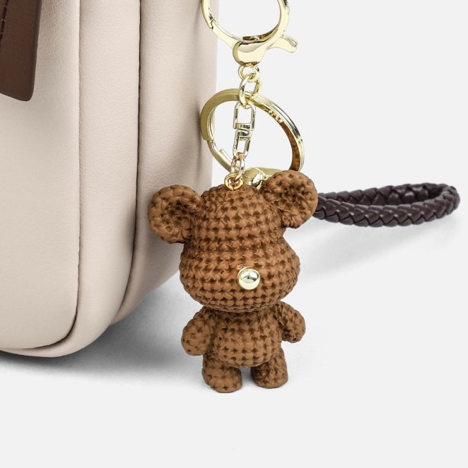 Color-Block Genuine Leather Mini Crossbody Phone Bag with Bear Charm