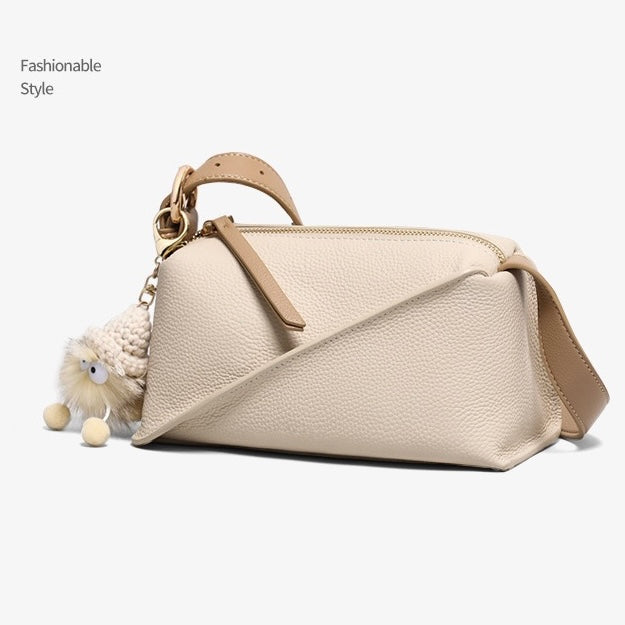 Elegant Geometric Genuine Leather Crossbody Bag with Plush Charm