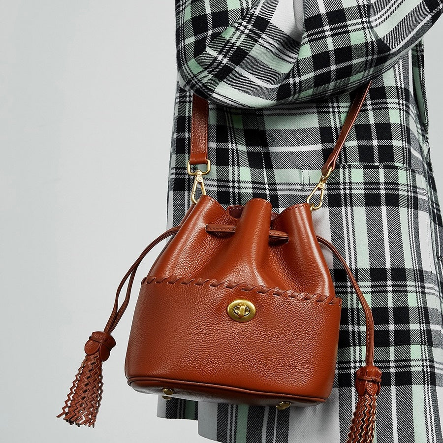 Women's Genuine Leather New Bucket Fringe Handbag Crossbody Bag