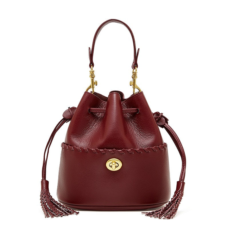Women's Genuine Leather New Bucket Fringe Handbag Crossbody Bag