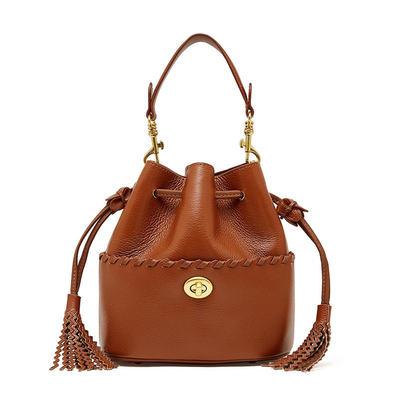 Women's Genuine Leather New Bucket Fringe Handbag Crossbody Bag