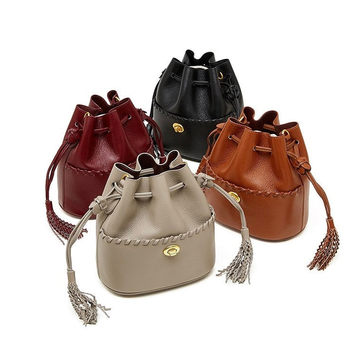 Women's Genuine Leather New Bucket Fringe Handbag Crossbody Bag
