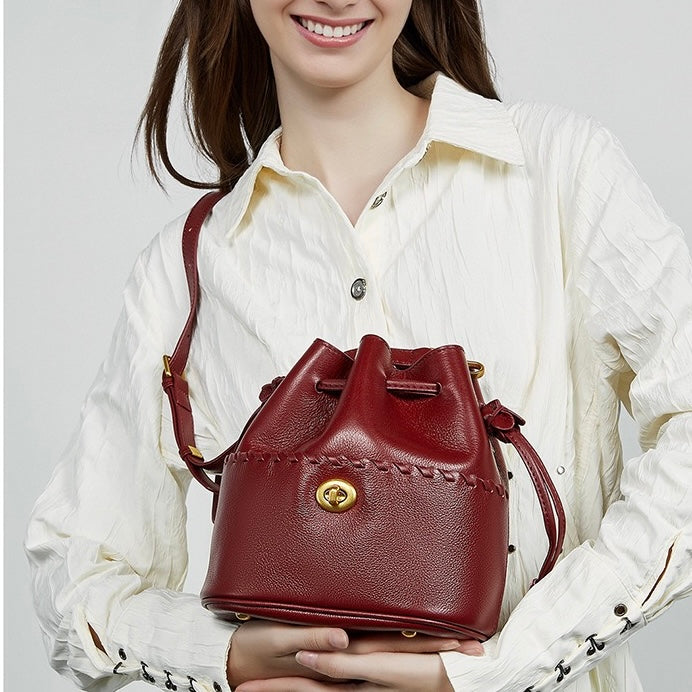 Women's Genuine Leather New Bucket Fringe Handbag Crossbody Bag