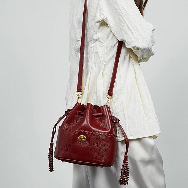 Women's Genuine Leather New Bucket Fringe Handbag Crossbody Bag